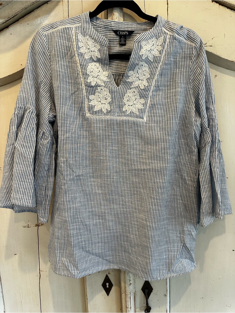 Chaps Blue and White Striped Embroidered V-Notch Tunic